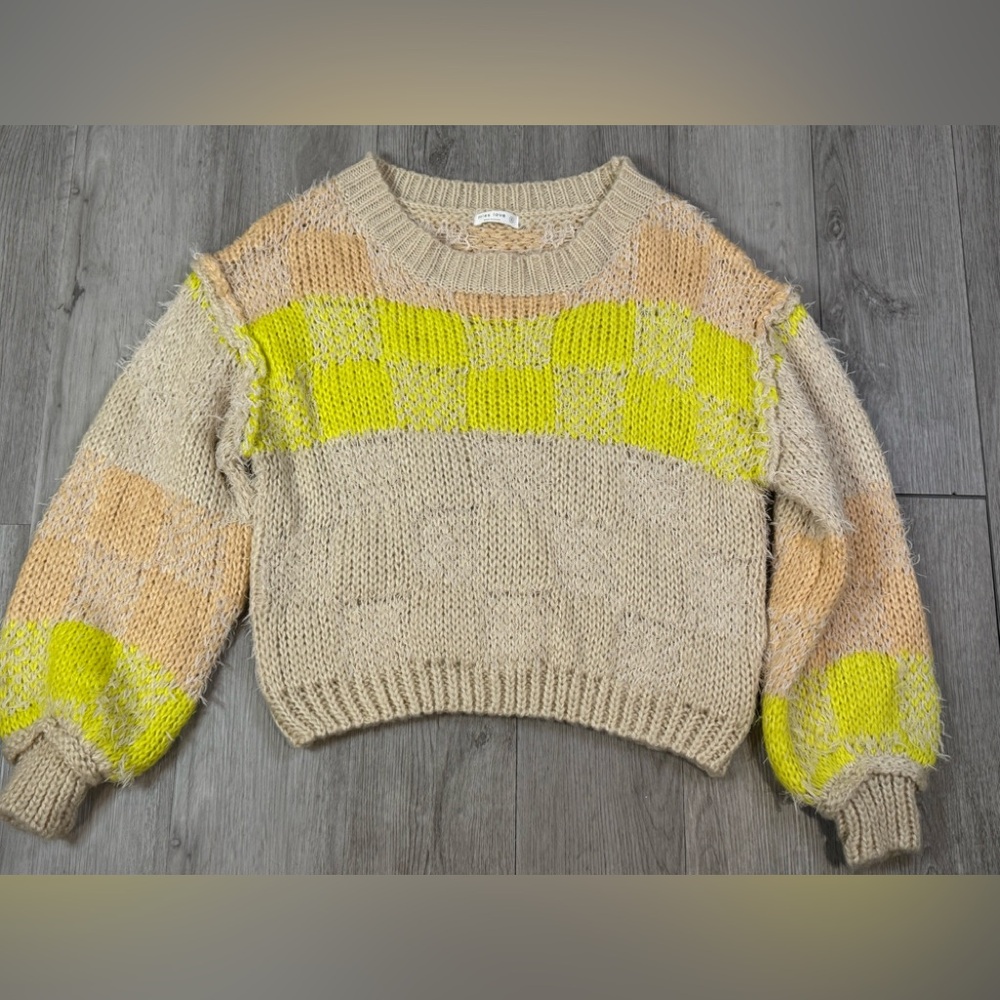 Miss Love Women’s Beige And Neon Multicolor Fuzzy Chunky Knit Sweater Size Small